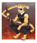  anthro blonde_hair clothing crouching escape_from_new_york eye_patch eyewear felid feline fire green_eyes gun hair hi_res knife leather long_tail lurien_(character) male mammal muscular pantherine pants ranged_weapon rifle sheldondober snake_plissken solo tiger tight_clothing vest weapon 