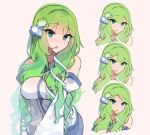  1girl :o alternate_hairstyle blunt_bangs blush breasts cropped_torso detached_sleeves frog_hair_ornament green_eyes green_hair hair_ornament hakurei_reimu japanese_clothes kaliningradg kirisame_marisa kochiya_sanae large_breasts long_hair looking_at_viewer miko moriya_suwako multiple_views no_pupils snake_hair_ornament swept_bangs touhou very_long_hair yasaka_kanako 