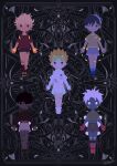  5boys blonde_hair child closed_mouth colored_skin commentary english_commentary floating floating_hair glowing glowing_eyes legs_together looking_at_viewer male_focus multiple_boys noeyebrow_(mauve) one_eye_closed original outstretched_arms short_hair shorts white_hair 