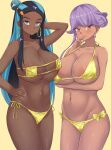  2girls alternate_breast_size areola_slip arm_under_breasts arm_up asymmetrical_docking bikini black_hair blue_eyes blue_hair breast_press breasts brown_eyes collarbone curvy dark-skinned_female dark_skin earrings eyepatch_bikini gold_bikini highres hoop_earrings huge_breasts jewelry long_hair looking_at_viewer multiple_girls navel nessa_(pokemon) nipple_slip nipples pokemon pokemon_sv pokemon_swsh purple_hair shipua_(the_worst_night_ever) stomach swimsuit tulip_(pokemon) very_long_hair white_nails yellow_background 