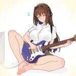  1girl aozaki_aoko barefoot breasts brown_hair closed_mouth collared_shirt ebora english_commentary hair_intakes highres knee_up large_breasts legs long_hair mahou_tsukai_no_yoru shirt short_sleeves sidelocks smile thighs toes variant_set white_shirt 