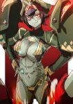  1girl :d absurdres black_hair border breasts cleavage core_crystal_(xenoblade) fire glasses green_skirt grin highres large_breasts looking_at_viewer muscular muscular_female navel newt_(xenoblade) red_background red_eyes revealing_clothes round_eyewear short_hair shrug_(clothing) skirt smile solo stomach teeth to_(tototo_tk) tsurime v-shaped_eyebrows white_border xenoblade_chronicles_(series) xenoblade_chronicles_2 