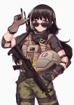  1girl bangs black_hair black_shirt bulletproof_vest camouflage camouflage_pants closed_mouth eyebrows_visible_through_hair girls_frontline gloves gun hand_gesture headwear_removed helmet helmet_removed heterochromia holding holding_helmet long_hair looking_at_viewer multicolored_hair multiple_girls pants parody persocon93 pouch rainbow_six_siege red_eyes ro635_(girls_frontline) shirt simple_background smile solo sunglasses tactical_clothes two-tone_hair vest weapon white_background white_hair yellow_eyes 