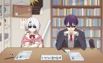  1boy 1girl black_jacket blazer blurry blurry_background bookshelf bow bowtie brown_cardigan brown_sweater bulletin_board cardigan collared_shirt crossed_arms elbows_on_table eraser facing_viewer gendou_pose hair_ornament hair_ribbon hairclip highres indoors jacket kenmochi_touya kenmochi_touya_(1st_costume) light_frown long_sleeves nameplate necktie nijisanji nomiyu open_clothes open_jacket own_hands_clasped own_hands_together paper pencil purple_hair red_bow red_bowtie red_necktie red_ribbon resume ribbon school_uniform serious shelf shiina_yuika shiina_yuika_(1st_costume) shirt short_hair sunglasses sweater sweater_around_neck swept_bangs table tied_sweater translation_request v-shaped_eyebrows virtual_youtuber white_hair white_shirt 