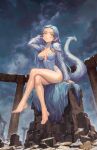  1girl bare_legs barefoot blue_hair blush breasts breasts_apart cloud covered_nipples crossed_legs dark_souls_(series) dark_souls_i dragon_girl dragon_tail feet green_eyes highres legs long_hair looking_at_viewer medium_breasts night parted_lips pointy_ears priscilla_the_crossbreed ruins sitting sky solo tail toenails toes yugen99 