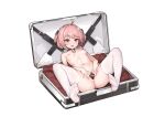  1girl :d ahoge bag bar_censor black_collar blonde_hair blush breasts breasts_apart censored collar dot_nose fang feet fritia_ignis full_body highres in_bag in_container looking_at_viewer multicolored_hair navel nipples nude open_mouth pink_eyes pink_hair pussy short_hair sidelocks small_breasts smile snowbreak:_containment_zone soles solo spread_legs spread_pussy stmast stomach streaked_hair suitcase thighhighs toes white_thighhighs 