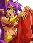 absurd_res blue_eyes breasts clothing ear_piercing ear_ring female fingers genie hair hi_res humanoid humanoid_pointy_ears long_hair looking_at_viewer moxydraws not_furry open_mouth open_smile piercing ponytail purple_hair ring_piercing shantae shantae_(series) simple_background smile solo tan_body tan_skin wayforward