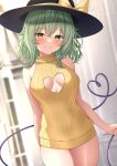  1girl arm_behind_back ass_visible_through_thighs bare_shoulders black_hat blush breasts breasts_apart cleavage_cutout clothing_cutout commentary_request cowboy_shot crossed_bangs dress green_eyes green_hair grin hair_between_eyes hat heart heart_cutout heart_of_string highres holding komeiji_koishi looking_at_viewer medium_breasts medium_hair reijing_etrn ribbed_sweater sleeveless sleeveless_dress smile solo sparkle standing sweater sweater_dress touhou turtleneck turtleneck_sweater yellow_dress yellow_sweater 