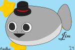  2024 big_eyes black_eyes blue_background clothing colored digital_media_(artwork) fish flat_colors grey_body hat headgear headwear jawless_fish jim_(reathe) male marine open_mouth reathe sacabambaspis signature simple_background smile solo star top_hat 