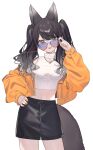  1girl :p adjusting_eyewear animal_ears black_hair black_shorts blue-tinted_eyewear closed_mouth cowboy_shot finger_on_eyewear fox_ears fox_girl fox_tail gradient-tinted_eyewear hand_on_own_hip head_tilt high-waist_shorts indie_virtual_youtuber jacket jewelry legs_apart long_hair long_sleeves looking_at_viewer midriff nail_polish navel necklace off_shoulder open_clothes open_jacket orange-tinted_eyewear orange_jacket orange_nails ribbed_shirt round_eyewear shirt shorts shugao sidelocks simple_background smile solo stomach sunglasses swept_bangs tail tinted_eyewear tongue tongue_out tsukimi_tsuki turtleneck turtleneck_shirt twintails twitter_username virtual_youtuber white_background white_shirt 