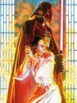  1boy 1girl alex_ross brown_hair darth_vader energy_sword english_commentary gun holding holding_gun holding_lightsaber holding_weapon indoors lightsaber princess_leia_organa_solo red_lightsaber science_fiction sith star_wars sword weapon 
