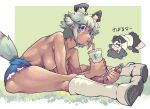  2girls african_wild_dog_(kemono_friends) alternate_hair_color animal_ear_fluff animal_ears bear_ears bear_girl bear_tail blue_shorts bodystocking boots border breasts brown_bear_(kemono_friends) crossed_arms cup cutoffs dated den_(zeroshiki) denim denim_shorts disposable_cup dog_ears dog_girl dog_tail drinking drinking_straw drinking_straw_in_mouth exercising extra_ears flexible full_body green_eyes green_hair hanging_breasts highres holding holding_cup kemono_friends layered_sleeves leaning_forward long_sleeves looking_at_another looking_at_viewer medium_breasts microskirt multiple_girls outside_border outstretched_legs shirt short_hair short_over_long_sleeves short_shorts short_sleeves shorts sidelocks sitting skirt solo_focus stretching sweat tail tan topless twitter_username v-shaped_eyebrows white_border 