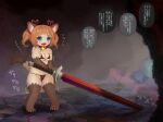  2022 anthro armor bikini_armor blush bodily_fluids brown_hair cute_fangs dialogue dipstick_tail domestic_cat felid feline felis female hair hi_res holding_melee_weapon holding_object holding_sword holding_weapon implied_transformation japanese_text mammal markings melee_weapon open_mouth pigeon_toed short_stack solo standing sweat sword tail tail_markings tetetor-oort text unconvincing_armor weapon 