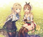  2girls :d anbe_yoshirou arms_behind_back atelier_(series) atelier_ryza belt black_bow blonde_hair blue_neckwear blue_ribbon bow braid breasts brown_eyes brown_gloves brown_hair brown_legwear cleavage closed_mouth collarbone commentary_request detached_sleeves flower gloves grass green_eyes hair_bow hair_ornament hairband hairclip hat highres huge_filesize jewelry klaudia_valentz long_hair looking_at_viewer medium_breasts multiple_girls necklace open_mouth pantyhose pink_bow red_shorts reisalin_stout ribbon short_hair short_shorts shorts single_braid single_glove sitting smile standing star teeth thighhighs white_bow white_headwear 