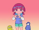  1girl animal aqua_shorts bird blue_eyes blue_hair blue_shirt closed_mouth expressionless fur-trimmed_shorts fur_trim gradient_background hair_ornament hairclip heart heart_hands indie_utaite layered_sleeves long_sleeves looking_at_viewer multicolored_hair nanawo_akari octopus official_art orange_background penguin pink_background pink_eyes pink_hair pink_nails renai-no_(nanawo_akari) ribbon shirt short_hair short_over_long_sleeves short_sleeves shorts terada_tera two-tone_eyes two-tone_hair two_side_up white_ribbon white_shirt 