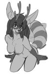  2018 alpha_channel anthro antlers breasts chest_tuft female hair hi_res horn hybrid kdhynamo looking_at_viewer mammal mits_(character) monochrome nipples nude open_mouth simple_background smile solo transparent_background tuft wings 