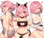  1girl animal_ears bangs barefoot bell breasts cat_ears cat_lingerie cat_tail cleavage collar commentary_request cup fate/grand_order fate_(series) hair_over_one_eye heart highres holding holding_cup jingle_bell large_breasts long_sleeves looking_at_viewer mash_kyrielight meme_attire multiple_views navel open-chest_sweater open_mouth pink_hair purple_eyes sakura_yuki_(clochette) short_hair sideboob simple_background sweater tail virgin_killer_sweater white_background 