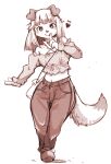  2023 anthro biped bottomwear breasts canid canine canis clothed clothing domestic_dog female floppy_ears fluffy fluffy_tail footwear full-length_portrait fully_clothed gesture heart_symbol hi_res kemono looking_at_viewer mammal midriff monochrome navel pants portrait setouchi_kurage shirt shoes shush simple_background small_breasts smile smiling_at_viewer solo standing tail topwear white_background 