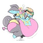 anthro bat belly big_belly big_butt boot_(artist) boot_(character) burger butt clothed clothing eating exposed_belly food fur hair hooves horn male mammal obese overweight overweight_anthro pink_body shirt simple_background sitting solo tail thick_thighs topwear weight_gain wide_hips yellow_eyes