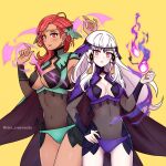  2girls alternate_costume bodystocking breasts commission cosplay dark-skinned_female dark_skin fire_emblem fire_emblem:_three_houses green_panties hapi_(fire_emblem) large_breasts lysithea_von_ordelia medium_breasts midriff multiple_girls ophelia_(fire_emblem) ophelia_(fire_emblem)_(cosplay) panties purple_panties red_eyes red_hair rein_creamsoda underwear white_hair 