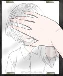  1girl act-age bangs black_choker bob_cut choker covering_eyes female_pov highres mirror momoshiro_chiyoko noborito_toto o-ring open_mouth pale_skin pov pov_hands reflection shirt short_hair short_sleeves smile solo twitter_username white_hair white_shirt 