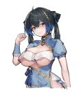  1girl acacia_(snowbreak) acacia_(snowbreak)_(cosplay) acacia_-_kaguya_(snowbreak) acacia_-_kaguya_(snowbreak)_(cosplay) black_hair blue_dress blue_hair blush breast_curtain breasts china_dress chinese_clothes chinese_commentary commentary_request cosplay dress gold_trim katya_(snowbreak) large_breasts light_blue_dress looking_at_viewer multicolored_hair revealing_clothes short_twintails smile snowbreak:_containment_zone solo stmast streaked_hair twintails two-tone_hair underboob 