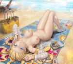  1girl bag beach blonde_hair blue_eyes braid breasts full_body hair_spread_out knees_up large_breasts long_hair looking_at_viewer naked_shirt nipples nude open_clothes open_shirt original shirt shoes smile sneakers solo unworn_eyewear yugen99 