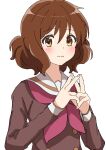  1girl absurdres brown_hair fluffy_hair hibike!_euphonium highres kun7_chacha looking_at_viewer medium_hair nervous oumae_kumiko own_hands_together school_uniform solo white_background yellow_eyes 