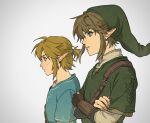  2boys animal_ears aqua_tunic armor blonde_hair blue_eyes chainmail crossed_arms facing_to_the_side green_hat green_tunic hair_between_eyes hat inbagzlzl light_blush link male_focus multiple_boys pointy_ears pointy_hat ponytail shirt short_hair sidelocks the_legend_of_zelda the_legend_of_zelda:_breath_of_the_wild the_legend_of_zelda:_twilight_princess vambraces white_shirt 