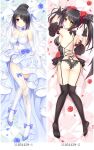  1girl bed black_hair black_pantyhose black_thighhighs blue_flower blue_rose breasts bridal_gauntlets bride clock_eyes dakimakura_(medium) date_a_live elbow_gloves flower full_body garter_straps gloves heterochromia high_heels kanakokurusu looking_at_viewer lying medium_breasts on_back over-kneehighs panties pantyhose red_eyes red_flower red_rose rose symbol-shaped_pupils thighhighs tokisaki_kurumi underwear 