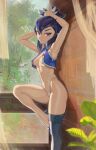  1girl arms_up blue_eyes blue_hair blush breasts crop_top expressionless highleg highleg_panties highres leg_up liza_(pokemon) looking_at_viewer no_pants panties plant pokemon pokemon_oras revealing_clothes single_thighhigh small_breasts solo thighhighs underwear white_panties yugen99 