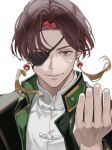  1boy 77ho brown_eyes brown_hair chinese_clothes earrings eyepatch hayato_suou jewelry long_sleeves parted_hair popped_collar smile solo undershirt upper_body white_background wind_breaker_(nii_satoru) 
