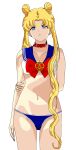  1girl absurdres artist_request belt_collar bikini bishoujo_senshi_sailor_moon blonde_hair breasts collar double_bun hair_bun highres long_hair looking_at_food medium_breasts navel non-web_source red_collar sailor_bikini sailor_collar sailor_moon slave solo source_request swimsuit tsukino_usagi twintails 