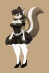  2017 anthro big_breasts breasts brown_background clothing dress female footwear hair hi_res high_heels maid_uniform mammal mephitid open_mouth shoes simple_background skunk solo standing surprise tgwonder uniform 