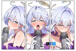  1girl absurdres bare_shoulders blush bonz_(bonz0616) drooling english_commentary fellatio halo head_wings highres holding holding_microphone honkai:_star_rail honkai_(series) kissing_object licking long_hair looking_at_viewer microphone oral robin_(honkai:_star_rail) saliva sexually_suggestive simulated_fellatio solo sweat tongue tongue_out very_long_hair wings 