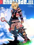  1boy ahoge blonde_hair blue_eyes cloud field fujimoto_hideaki full_body jacket jewelry looking_at_viewer monado necklace short_hair shulk sky sword weapon xenoblade_(series) xenoblade_1 