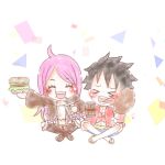  &gt;_&lt; 1boy 1girl ^_^ ahoge black_hair blue_shorts blush boots burger chibi closed_eyes coat commentary_request crop_top crossed_legs cup flip-flops food fur_coat highres holding holding_cup holding_food jewelry_bonney karin10_op long_hair meat monkey_d._luffy one_piece open_clothes open_shirt pink_hair red_shirt sandals sash shirt short_hair shorts tongue tongue_out yellow_sash 