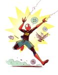  1boy absurdres bird black_shirt book commentary english_commentary english_text full_body highres male_focus mikemaihack pencil peter_parker pigeon shirt shorts silk simple_background solo speech_bubble spider-man spider_web star_wars superhero_costume toon_(style) white_background 