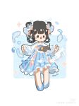  1girl black_eyes blue_dress blue_footwear braided_hair_rings chibi cone_hair_bun dress full_body hair_bun hair_ornament highres kyu_eki long_sleeves non-web_source open_mouth qixiong_ruqun ruqun shoes smile solo water 