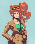  1girl 90s between_breasts blue_background breasts cleavage collarbone commentary david_liu english_commentary eyewear_on_head green_eyes hands_in_pockets highres large_breasts long_hair oldschool orange-tinted_eyewear orange_hair pokemon pokemon_(game) pokemon_swsh side_ponytail sonia_(pokemon) strap_between_breasts sunglasses trench_coat upper_body 