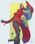  anthro avian beak bird breasts claws feathers featureless_breasts female green_eyes happy hi_res macaw neotropical_parrot non-mammal_breasts nude open_mouth parrot red_feathers smile solo tail_feathers talons true_parrot winged_arms wings yggiiggy 