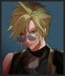  1boy armor blonde_hair blue_background blue_eyes brown_gloves closed_mouth cloud_strife earrings final_fantasy final_fantasy_vii final_fantasy_vii_rebirth final_fantasy_vii_remake gloves hair_between_eyes hand_on_own_neck highres jewelry looking_at_viewer male_focus ruka_ika short_hair shoulder_armor single_bare_shoulder single_earring single_shoulder_pad sleeveless sleeveless_turtleneck solo spiked_hair sunglasses turtleneck upper_body 