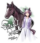  1girl alternate_costume animal_ears arms_behind_back brown_hair character_name creature_and_personification dated dress highres horse horse_ears horse_girl jacket long_sleeves looking_at_another looking_to_the_side multicolored_hair purple_eyes purple_jacket real_life short_hair smile special_week_(racehorse) special_week_(umamusume) tonpuu twitter_username two-tone_hair umamusume white_dress white_hair 