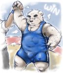  2018 anthro bulge duo english_text eyes_closed fur humanoid_hands male mammal polar_bear roostax_wilddog slightly_chubby sweat text ursid ursine white_fur wrestling_singlet 