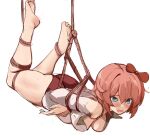  1girl arms_behind_back ass barefoot bdsm blue_eyes blush bondage bound bound_arms bow breasts doki_doki_literature_club feet gym_shorts hair_bow highres non-web_source open_clothes open_shirt pink_hair rakeemspoon red_bow sayori_(doki_doki_literature_club) shibari short_hair shorts solo thighs white_background 