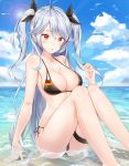  1girl :o absurdres antenna_hair arm_support ass azur_lane bare_arms bare_legs bare_shoulders bikini black_bikini black_ribbon blue_sky breasts cleavage cloud cloudy_sky collarbone commentary_request day feet_out_of_frame flag_print food german_flag_bikini hair_ribbon halterneck highres holding horizon kitin knees_up large_breasts long_hair looking_at_viewer multicolored_hair ocean parted_lips popsicle prinz_eugen_(azur_lane) prinz_eugen_(unfading_smile)_(azur_lane) red_eyes ribbon side-tie_bikini sidelocks silver_hair sitting sky solo streaked_hair sunlight swimsuit thigh_strap thighs two_side_up very_long_hair water 