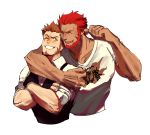  2boys bara beard blue_eyes blush brown_hair facial_hair fate/grand_order fate_(series) highres kendy_(revolocities) male_focus multiple_boys muscle napoleon_bonaparte_(fate/grand_order) open_mouth red_hair rider_(fate/zero) shirt short_hair simple_background smile white_background yaoi 