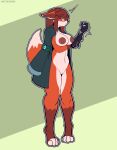  4_toes absurd_res anthro bottomless canid canine clothed clothing eyewear feet female fluffy fluffy_tail fox fur genitals glasses green_eyes hair hi_res looking_at_viewer mammal mechanical_arm nipples orange_body orange_fur pussy red_hair red_nipples simple_background solo standing tail the_man toes 