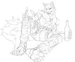  2024 4_toes 5_fingers abs alcohol_bottle anthro barazoku belt biceps biped bottomwear canid canine canis clothing feet fingers hi_res looking_at_viewer male mammal muscular muscular_anthro muscular_male pants pecs shirtless_anthro shirtless_male sitting sitting_on_ground sketch solo toes wolf yifeng_lz 