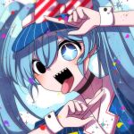  1girl black_choker black_eyes blue_eyes blue_hair blue_shirt bow choker commentary diagonal-striped_bow hatsune_miku heterochromia highres long_hair mesmerizer_(vocaloid) nemi_(ggotnim42) open_mouth sharp_teeth shirt smile solo sparkle sparkling_eyes striped_clothes striped_shirt teeth tongue tongue_out twintails vertical-striped_clothes vertical-striped_shirt visor_cap vocaloid white_wrist_cuffs wrist_cuffs 